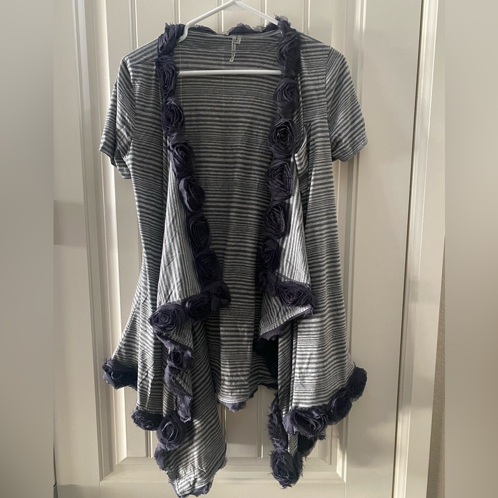Awake Couture L Cardigan Top Striped Open Front Rose Ribbon Shirt Large Lg Flaw